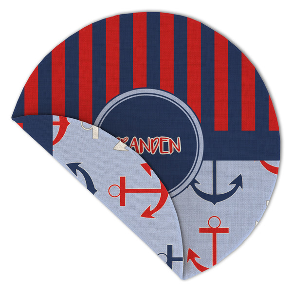 Classic Anchor & Stripes Round Linen Placemats - Front (folded corner double sided)