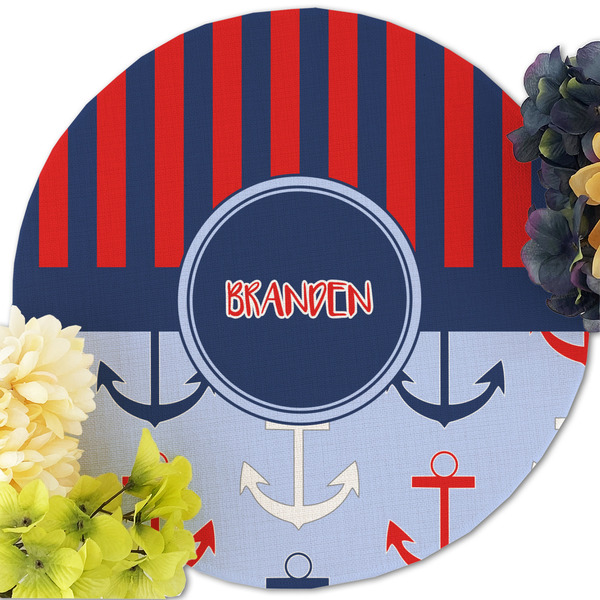 Classic Anchor & Stripes Round Linen Placemats - Front (w flowers)