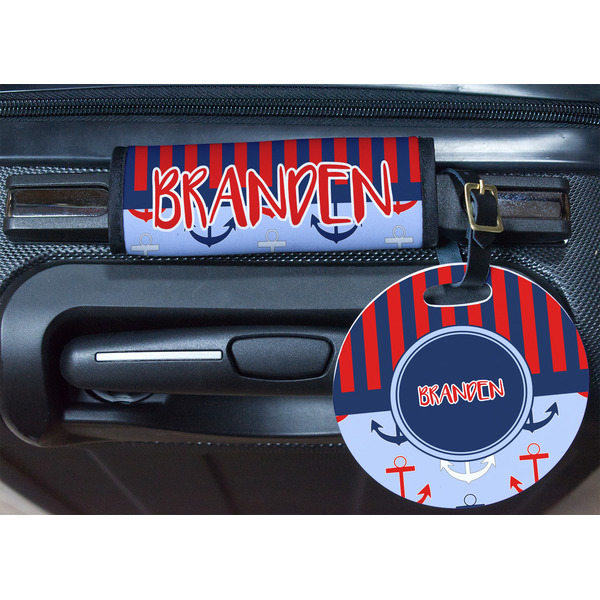 Classic Anchor & Stripes Round Luggage Tag & Handle Wrap - In Context