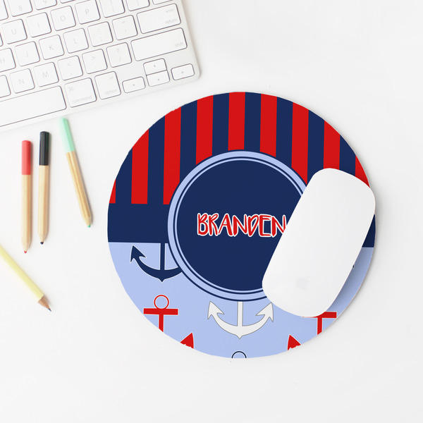 Classic Anchor & Stripes Round Mousepad - LIFESTYLE 2