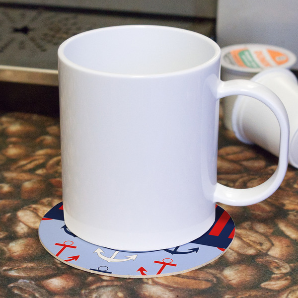 Classic Anchor & Stripes Round Paper Coaster - With Mug