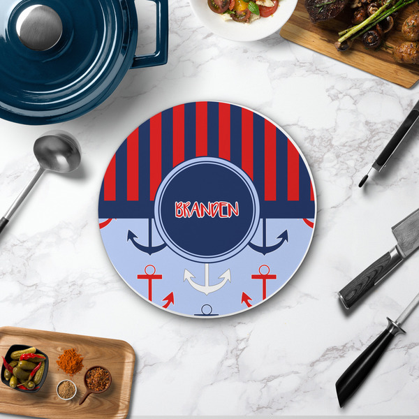 Classic Anchor & Stripes Round Stone Trivet - In Context View
