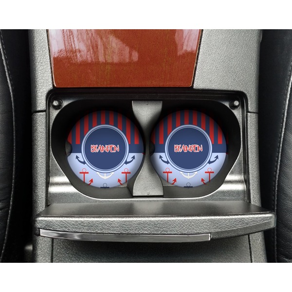 Classic Anchor & Stripes Sandstone Car Coaster - In Cup Holder