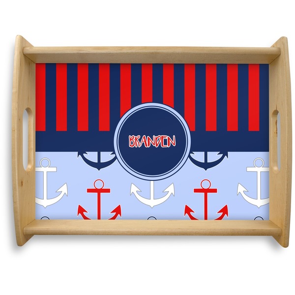 Custom Classic Anchor & Stripes Natural Wooden Tray - Large (Personalized)