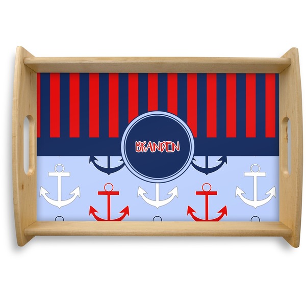 Custom Classic Anchor & Stripes Natural Wooden Tray - Small (Personalized)