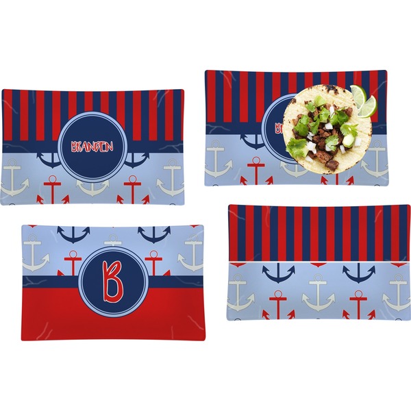 Custom Classic Anchor & Stripes Set of 4 Glass Rectangular Lunch / Dinner Plate w/ Name or Text
