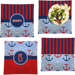 Classic Anchor & Stripes Set of 4 Glass Square Lunch / Dinner Plate 9.5" (Personalized)