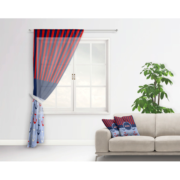 Classic Anchor & Stripes Sheer Curtain With Window and Rod - in Room Matching Pillow
