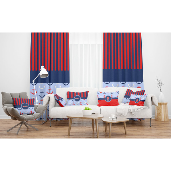 Classic Anchor & Stripes Sheer and Custom Curtains in Room with Matching Pillows