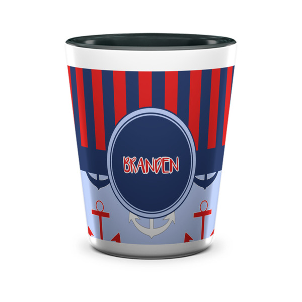 Custom Classic Anchor & Stripes Ceramic Shot Glass - 1.5 oz - Two Tone - Set of 4 (Personalized)