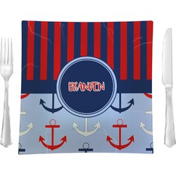 Classic Anchor & Stripes 9.5" Glass Square Lunch / Dinner Plate- Single or Set of 4 (Personalized)