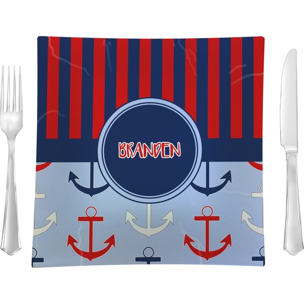 Custom Classic Anchor & Stripes 9.5" Glass Square Lunch / Dinner Plate- Single or Set of 4 (Personalized)