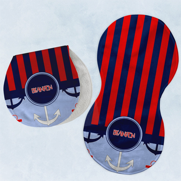 Custom Classic Anchor & Stripes Burp Pads - Velour - Set of 2 w/ Name or Text