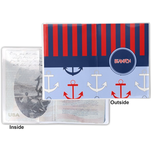 Classic Anchor & Stripes Vinyl Passport Holder - Flat Front and Back