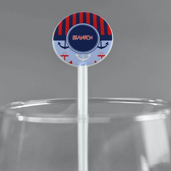 Classic Anchor & Stripes White Plastic 5.5" Stir Stick - Round - Main