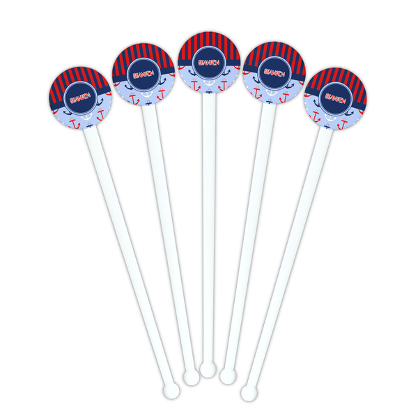 Classic Anchor & Stripes White Plastic 7" Stir Stick - Round - Fan View