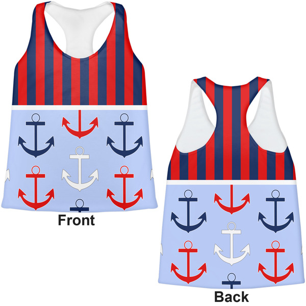 Classic Anchor & Stripes Womens Racerback Tank Tops - Medium - Front and Back