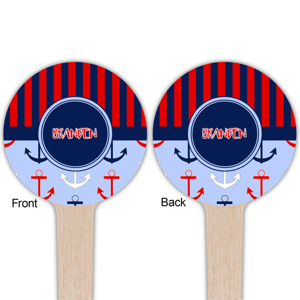 Classic Anchor & Stripes Wooden 4" Food Pick - Round - Double Sided - Front & Back