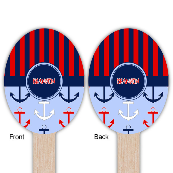 Classic Anchor & Stripes Wooden Food Pick - Oval - Double Sided - Front & Back