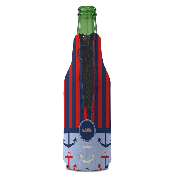 Classic Anchor & Stripes Zipper Bottle Cooler - BACK (bottle)