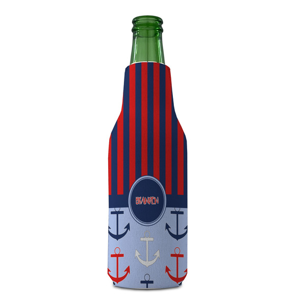 Classic Anchor & Stripes Zipper Bottle Cooler - FRONT (bottle)