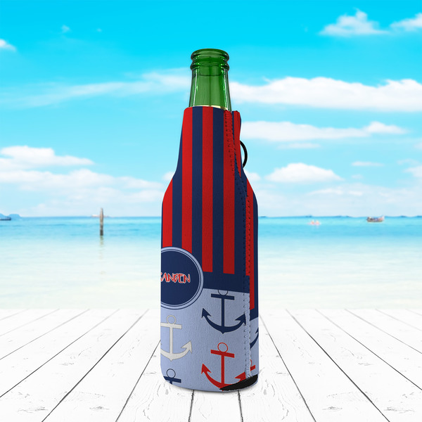 Classic Anchor & Stripes Zipper Bottle Cooler - LIFESTYLE