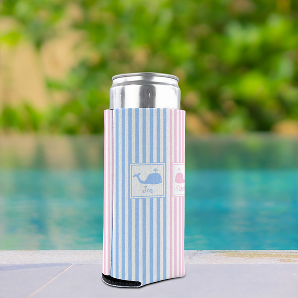 Striped w/ Whales Can Cooler - Tall 12oz - In Context