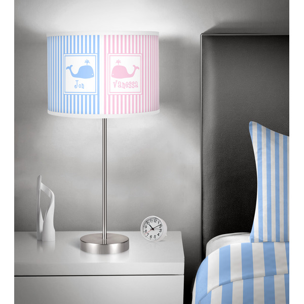 Striped w/ Whales 13 inch drum lamp shade - in room