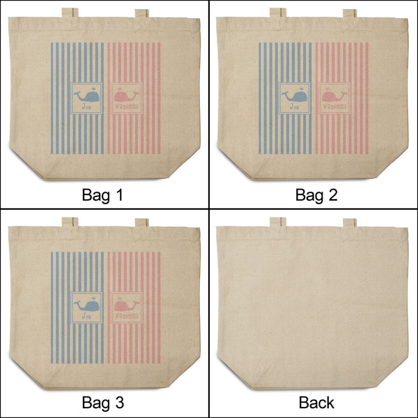 Striped w/ Whales 3 Reusable Cotton Grocery Bags - Front & Back View