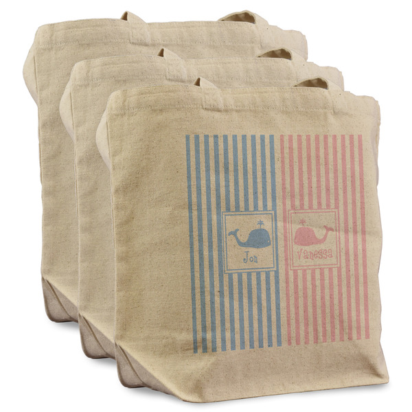 Custom Striped w/ Whales Reusable Cotton Grocery Bags - Set of 3 (Personalized)