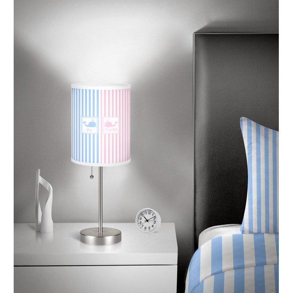 Striped w/ Whales 7 inch drum lamp shade - in room