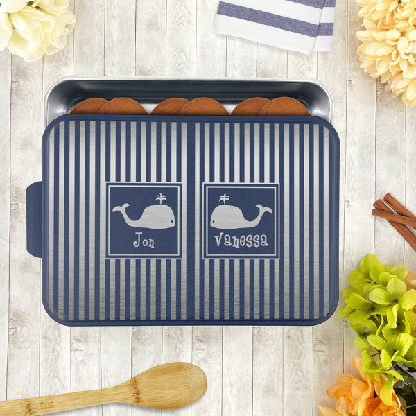 Striped w/ Whales Aluminum Baking Pan - Navy Lid - LIFESTYLE