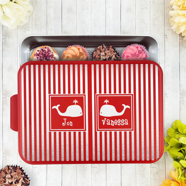 Striped w/ Whales Aluminum Baking Pan - Red Lid - LIFESTYLE