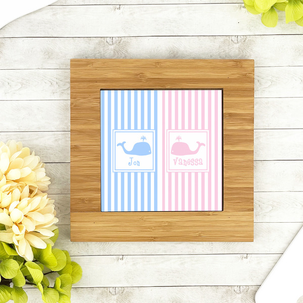 Striped w/ Whales Bamboo Trivet with 6" Tile - LIFESTYLE