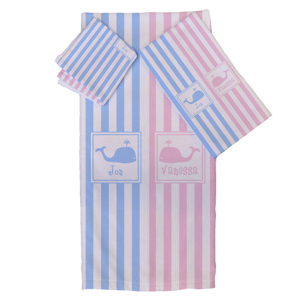 Custom Striped w/ Whales Bath Towel Set - 3 Pcs (Personalized)