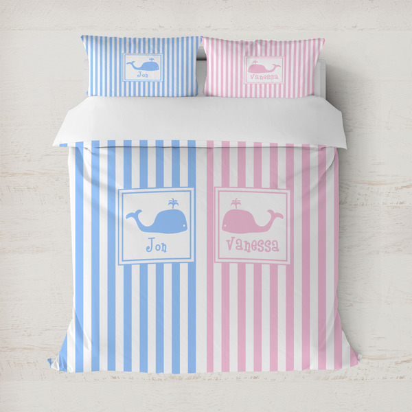 Custom Striped w/ Whales Duvet Cover Set - Full / Queen (Personalized)