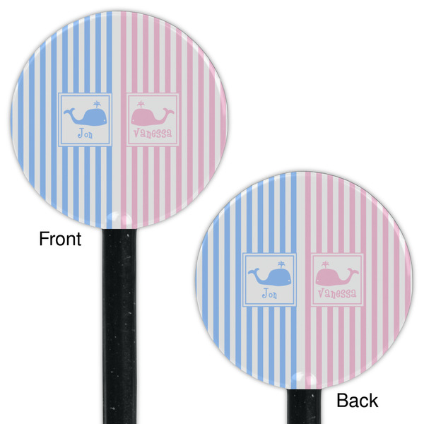 Striped w/ Whales Black Plastic 5.5" Stir Stick - Double Sided - Round - Front & Back