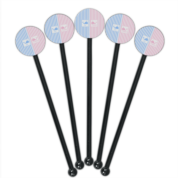 Striped w/ Whales Black Plastic 5.5" Stir Stick - Round - Fan View