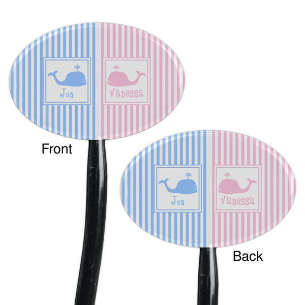 Striped w/ Whales Black Plastic 7" Stir Stick - Double Sided - Oval - Front & Back
