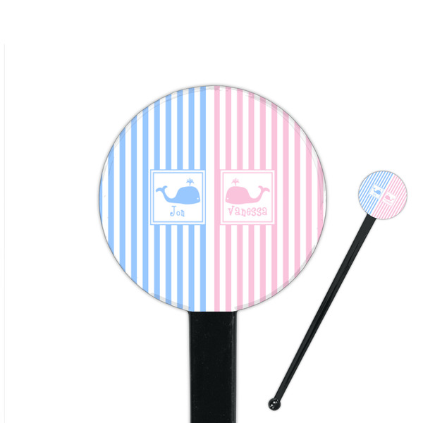 Custom Striped w/ Whales 7" Round Plastic Stir Sticks - Black - Single Sided (Personalized)
