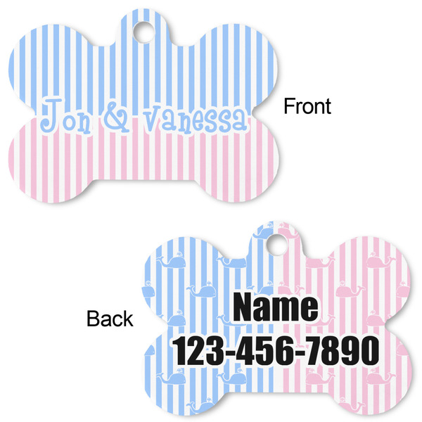 Striped w/ Whales Bone Shaped Dog Tag - Front & Back