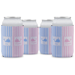 Striped w/ Whales Can Cooler (12 oz) - Set of 4 w/ Multiple Names