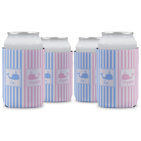 Custom Striped w/ Whales Can Cooler (12 oz) - Set of 4 w/ Multiple Names