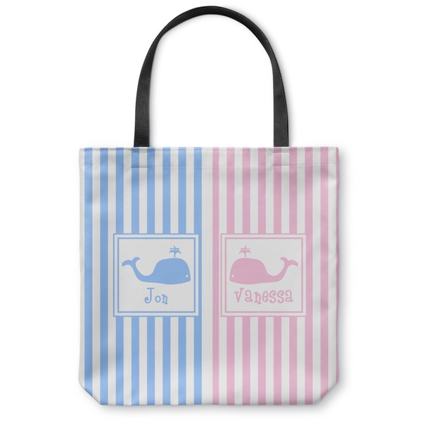 Custom Striped w/ Whales Canvas Tote Bag - Large - 18"x18" (Personalized)