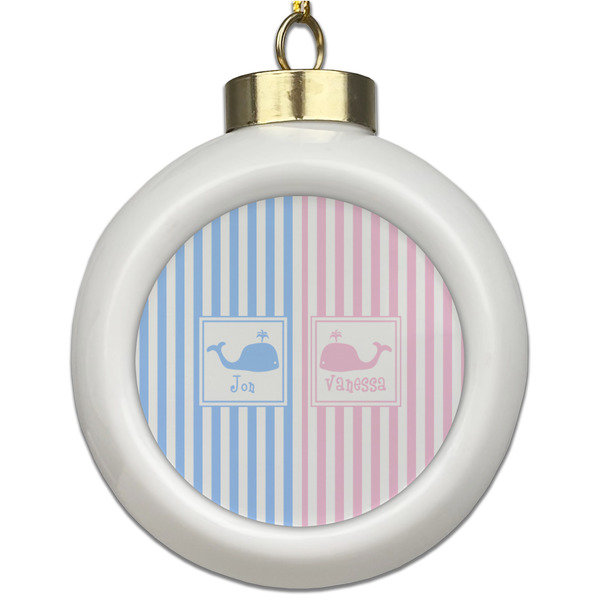 Custom Striped w/ Whales Ceramic Ball Ornament (Personalized)