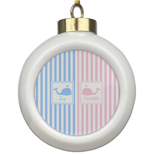 Custom Striped w/ Whales Ceramic Ball Ornament (Personalized)