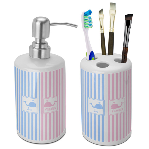 Custom Striped w/ Whales Ceramic Bathroom Accessories Set (Personalized)