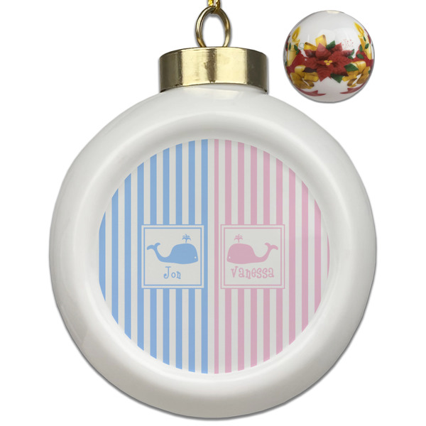 Custom Striped w/ Whales Ceramic Ball Ornaments - Poinsettia Garland (Personalized)