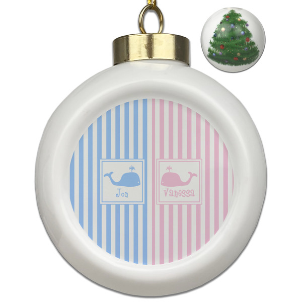 Custom Striped w/ Whales Ceramic Ball Ornament - Christmas Tree (Personalized)