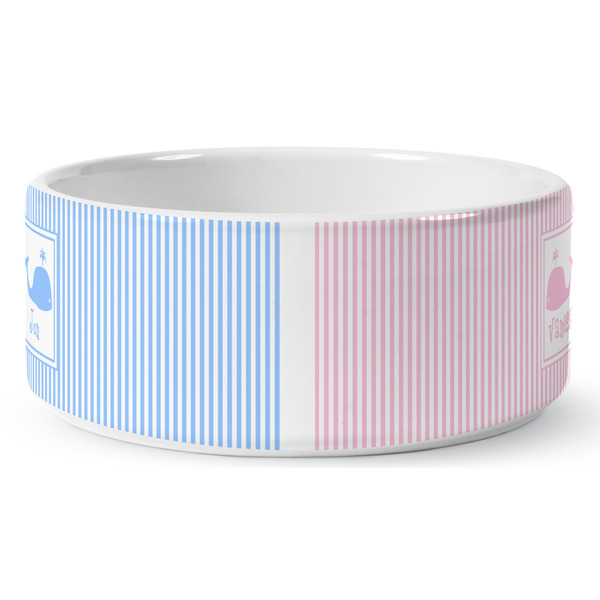 Striped w/ Whales Ceramic Dog Bowl - Medium - Front